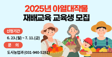 2025년 아열대작물 재배교육 교육생 모집 / 신청기간 : 6. 23.(월) ~ 7. 11.(금) / 문의 : 도시농업과(031-940-5281)